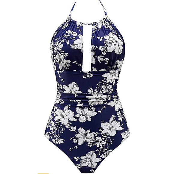 Blue & White Floral Swimsuit Tummy Control Swimwear V Neck Bathing Suit XXL - Picture 1 of 7